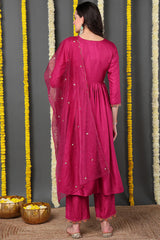 Pink Silk Blend Solid Embroidered Flared Suit Set