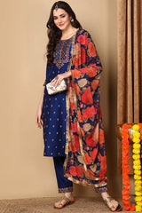 Navy Blue Silk Blend Solid Embroidered Straight Suit Set