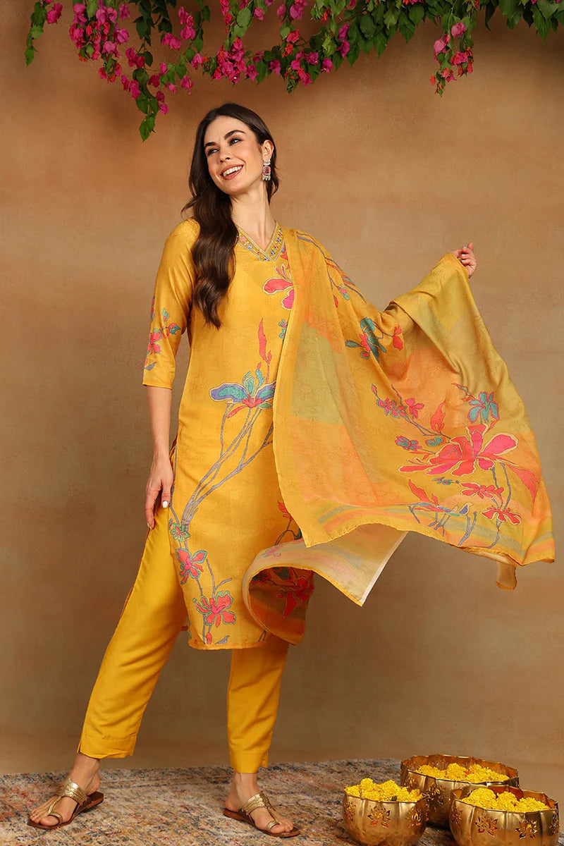 Mustard Yellow Rayon Blend Floral Printed Straight Suit Set