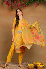 Mustard Yellow Rayon Blend Floral Printed Straight Suit Set