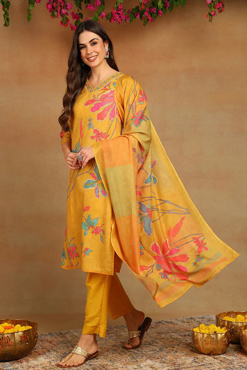 Mustard Yellow Rayon Blend Floral Printed Straight Suit Set