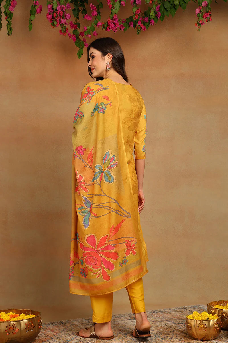 Mustard Yellow Rayon Blend Floral Printed Straight Suit Set