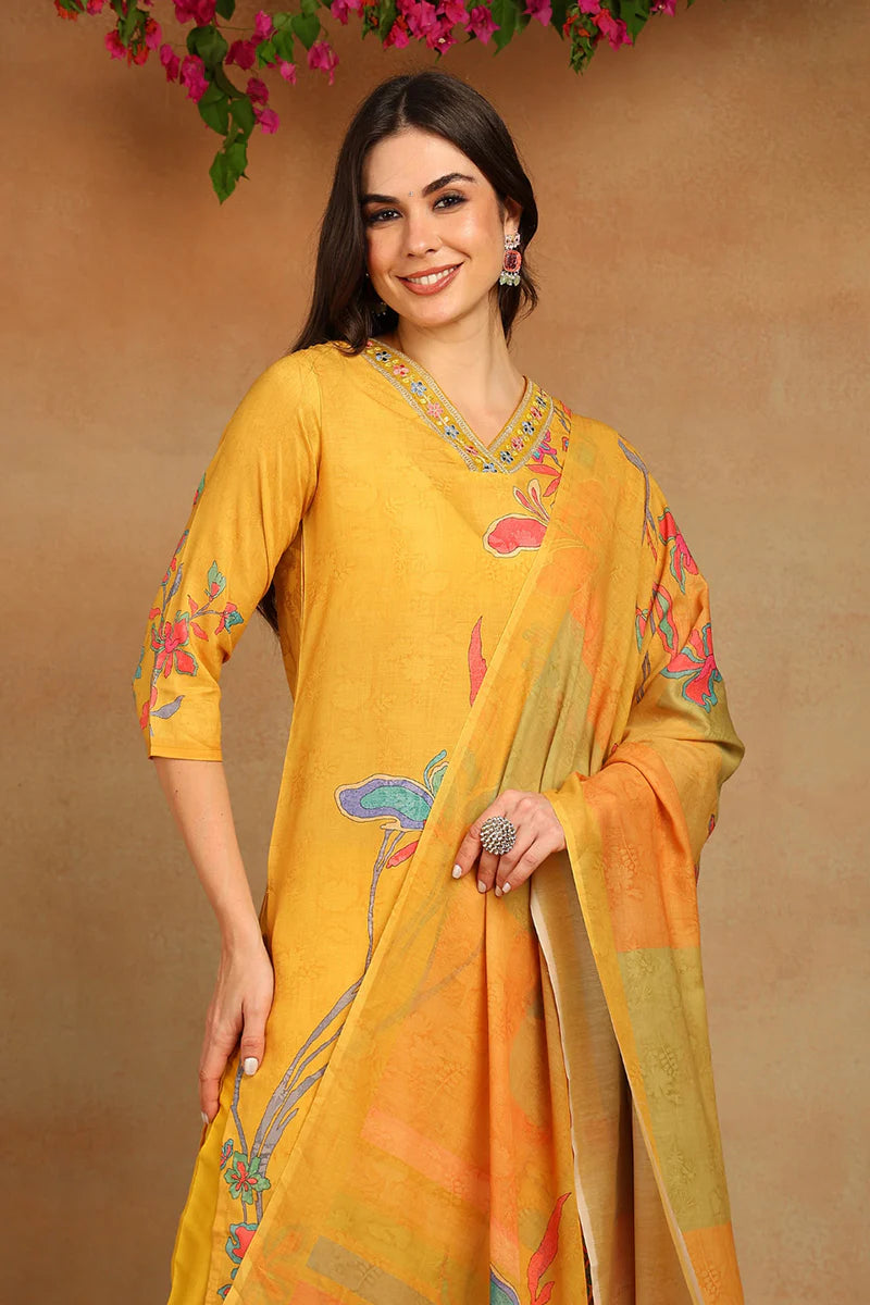 Mustard Yellow Rayon Blend Floral Printed Straight Suit Set