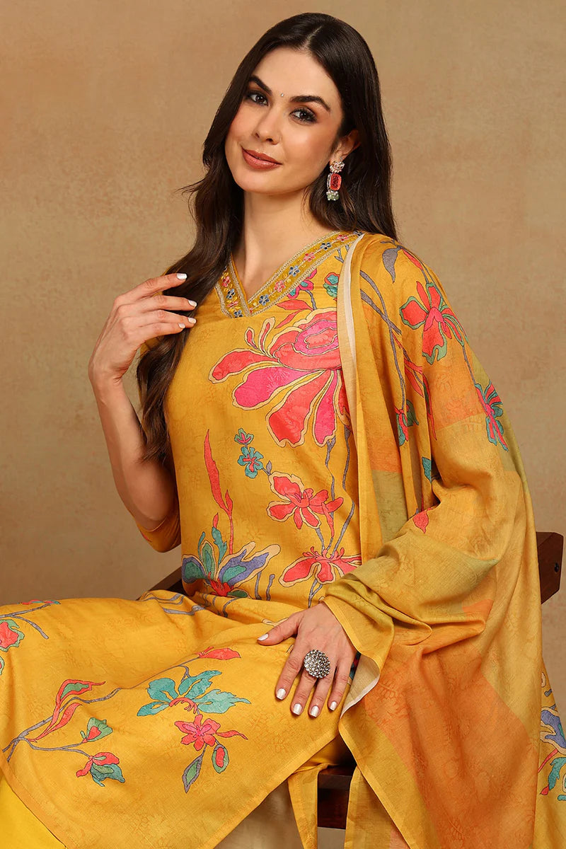 Mustard Yellow Rayon Blend Floral Printed Straight Suit Set