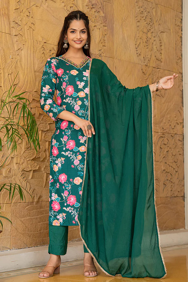 Green Rayon Blend Floral Printed Straight Trouser Suit Set