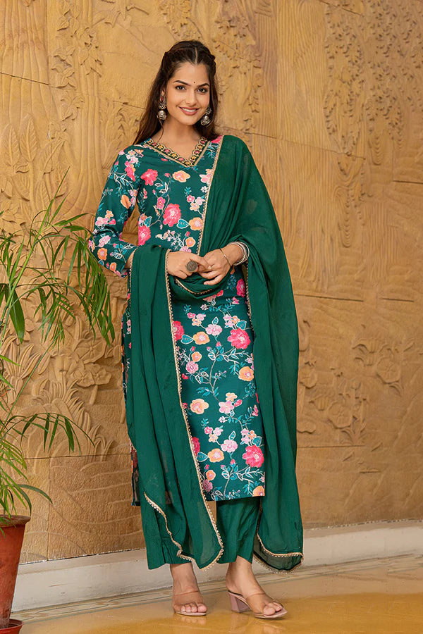 Green Rayon Blend Floral Printed Straight Trouser Suit Set