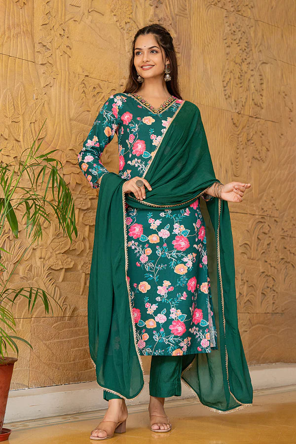 Green Rayon Blend Floral Printed Straight Trouser Suit Set