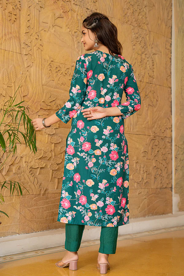 Green Rayon Blend Floral Printed Straight Trouser Suit Set