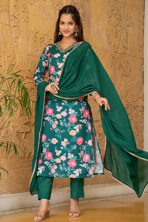 Green Rayon Blend Floral Printed Straight Trouser Suit Set