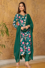 Green Rayon Blend Floral Printed Straight Trouser Suit Set