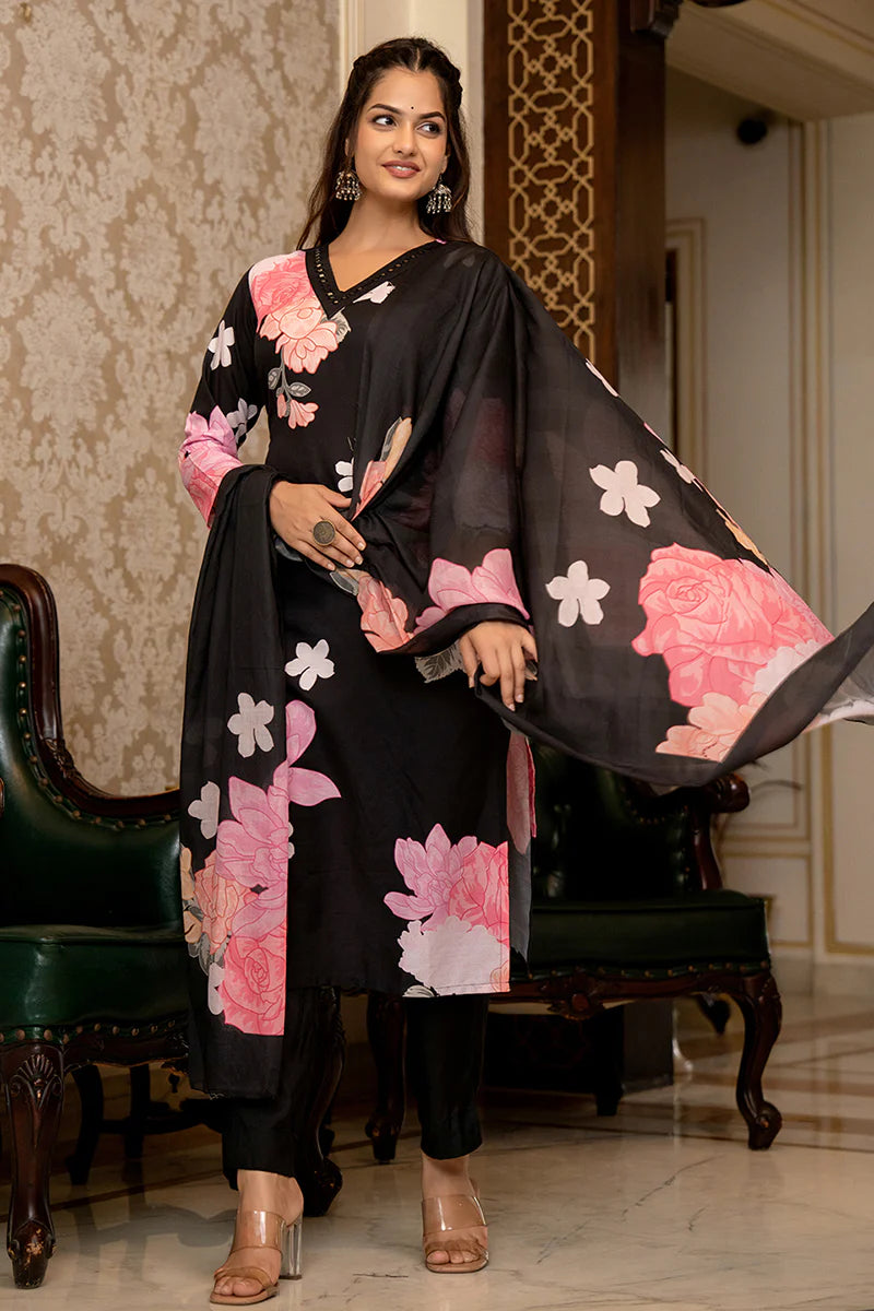 Black Rayon Blend Floral Printed Straight Trouser Suit Set