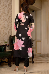 Black Rayon Blend Floral Printed Straight Trouser Suit Set