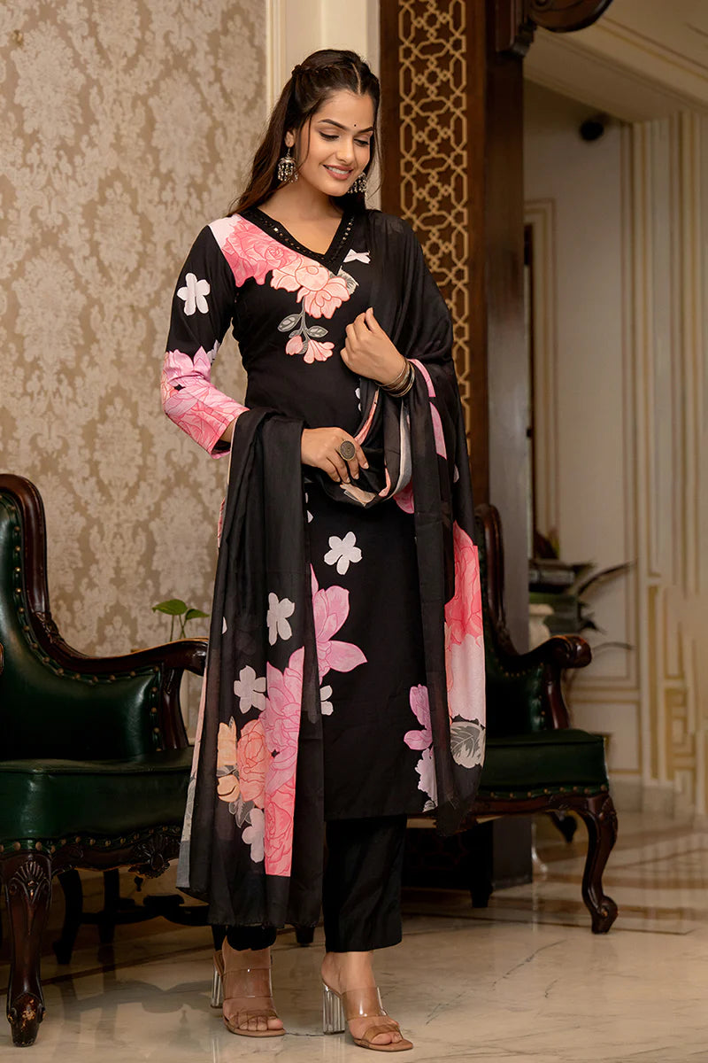 Black Rayon Blend Floral Printed Straight Trouser Suit Set