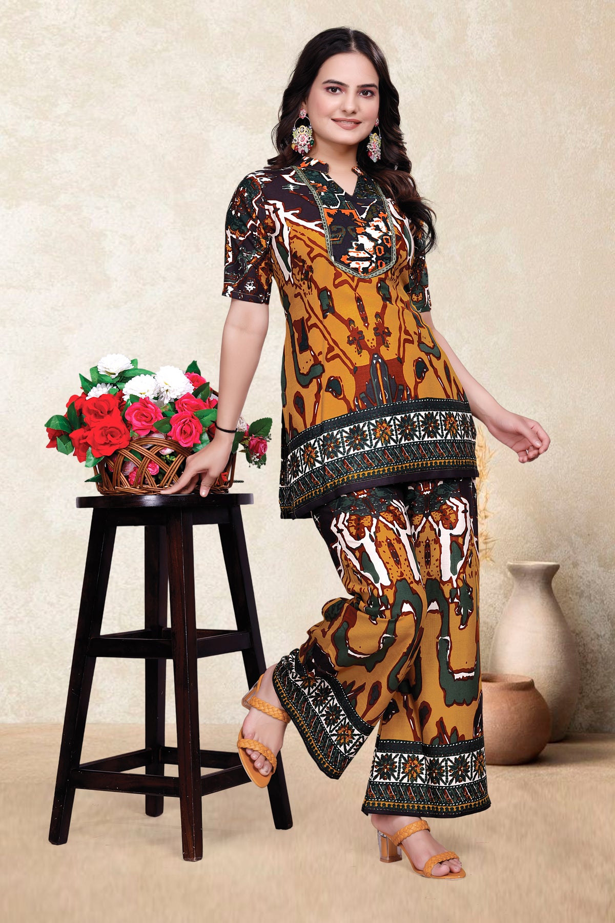 Women’s Printed Pure Viscose Rayon Co-Ord Set | Top & Palazzo Set | Mustard