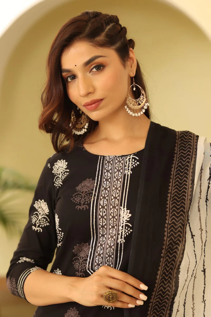 Women Black & White Rayon Blend Printed Kurta with Trousers & Dupatta