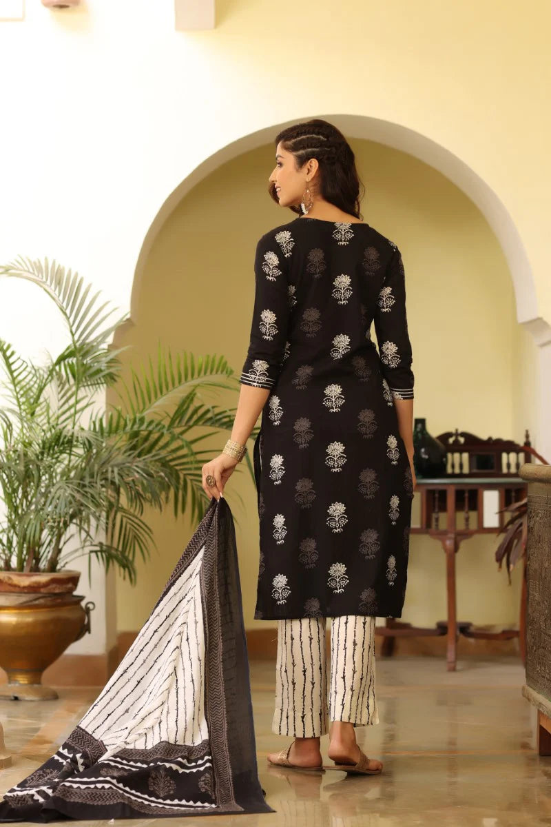 Women Black & White Rayon Blend Printed Kurta with Trousers & Dupatta