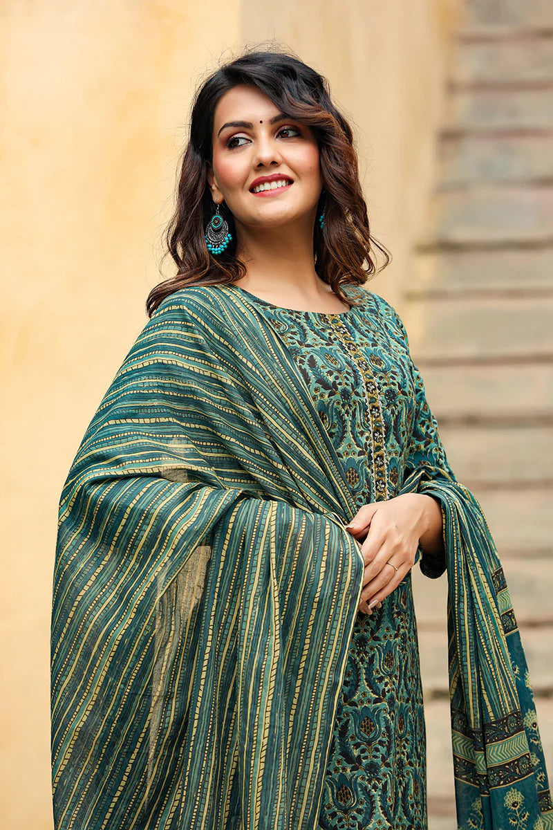 Green Rayon Blend Ethnic Motifs Suit Set