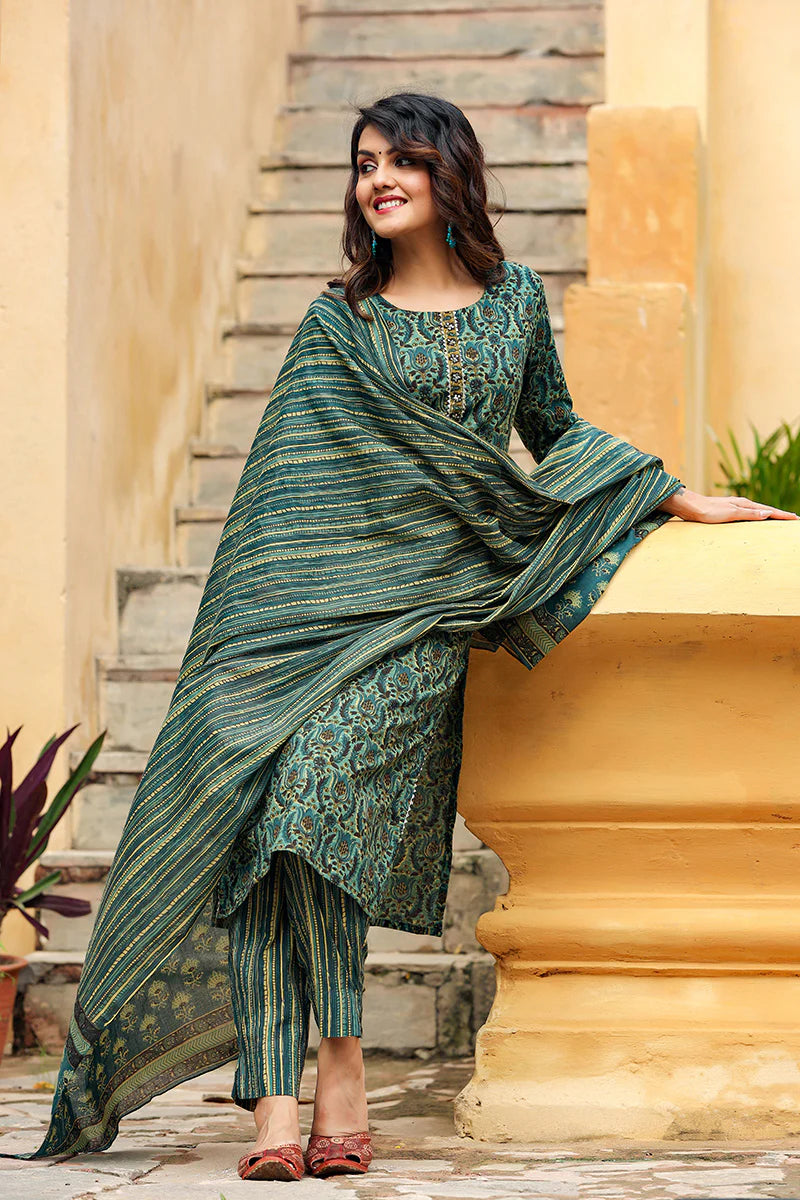 Green Rayon Blend Ethnic Motifs Suit Set