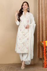 White Pure Cotton Ethnic Motifs Straight Kurta Trousers With Dupatta