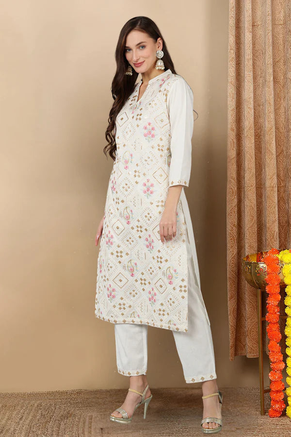 White Pure Cotton Ethnic Motifs Straight Kurta Trousers With Dupatta