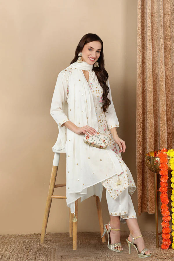 White Pure Cotton Ethnic Motifs Straight Kurta Trousers With Dupatta