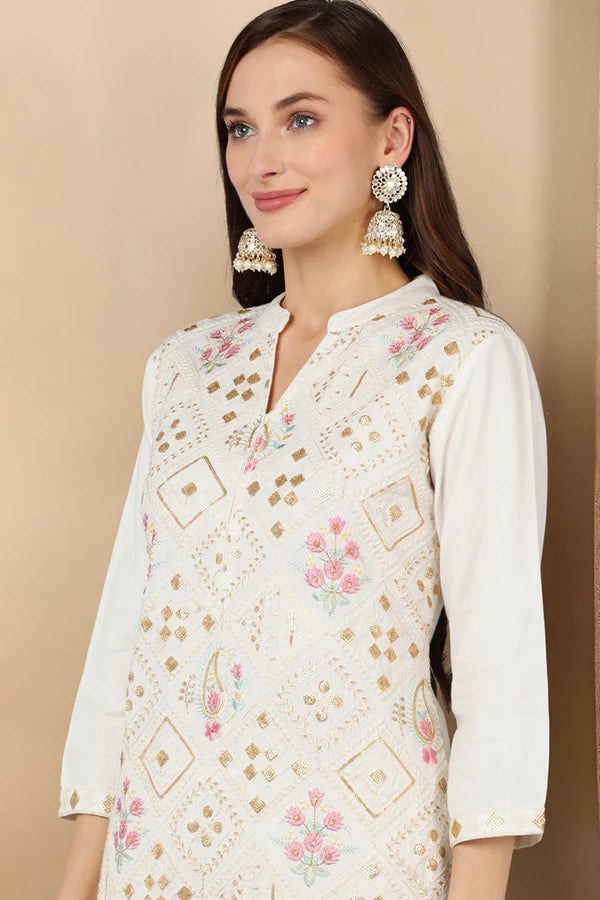 White Pure Cotton Ethnic Motifs Straight Kurta Trousers With Dupatta