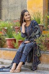 Blue Rayon Blend Floral Embroidered Straight Suit Set