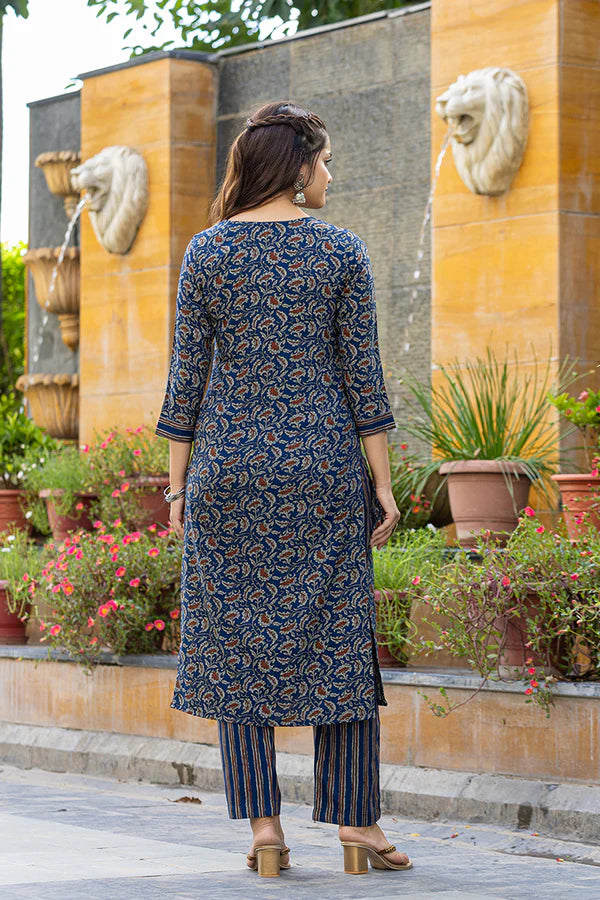 Blue Rayon Blend Floral Embroidered Straight Suit Set