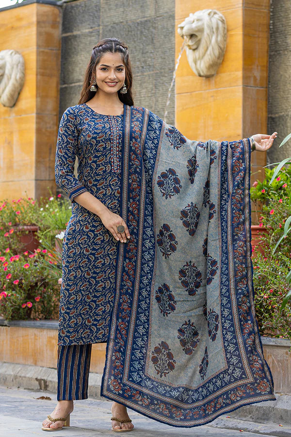 Blue Rayon Blend Floral Embroidered Straight Suit Set