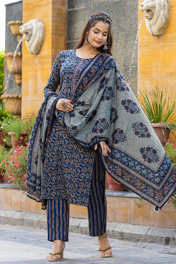 Blue Rayon Blend Floral Embroidered Straight Suit Set