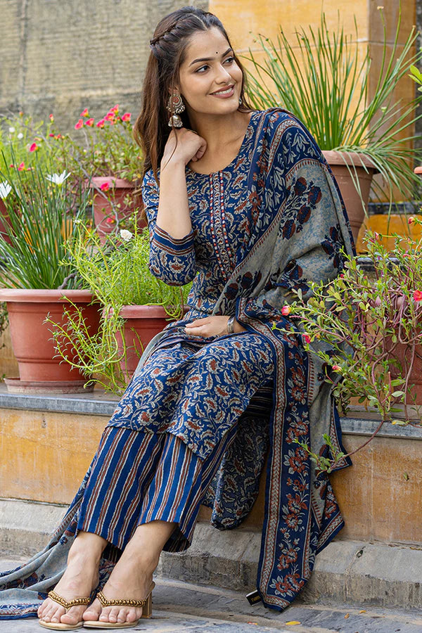 Blue Rayon Blend Floral Embroidered Straight Suit Set