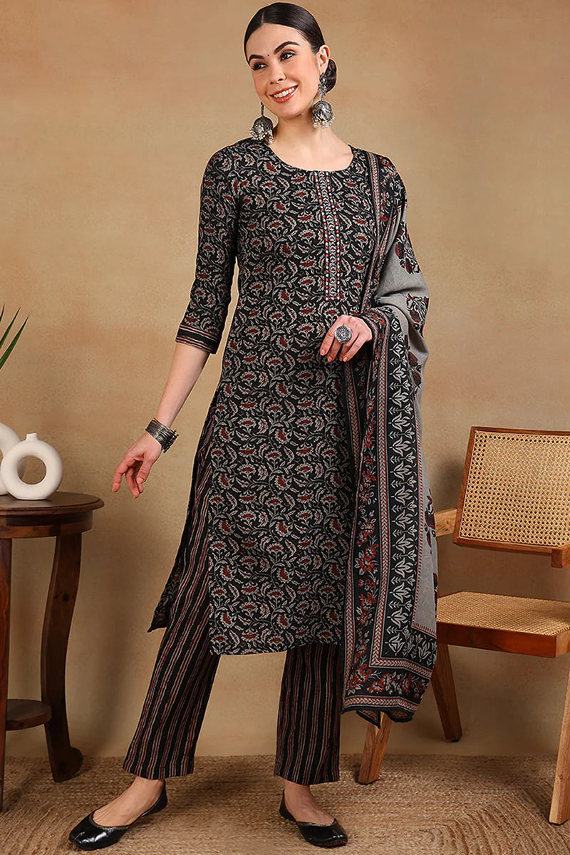 Black Viscose Rayon Floral Embroidered Straight Suit Set