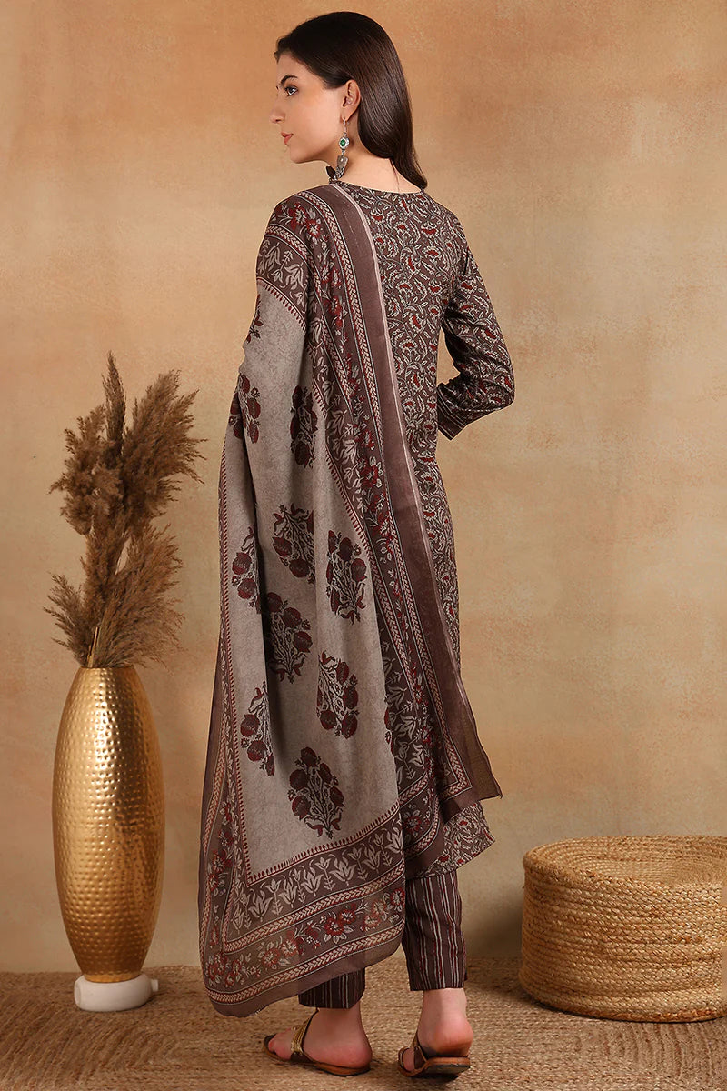 Grey Rayon Blend Ethnic Motifs Printed Straight Trouser Suit Set