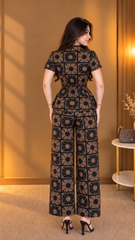 Women's Premium Linen Printed Co-Ord Set | Short Sleeve Shirt & Wide Leg Pants