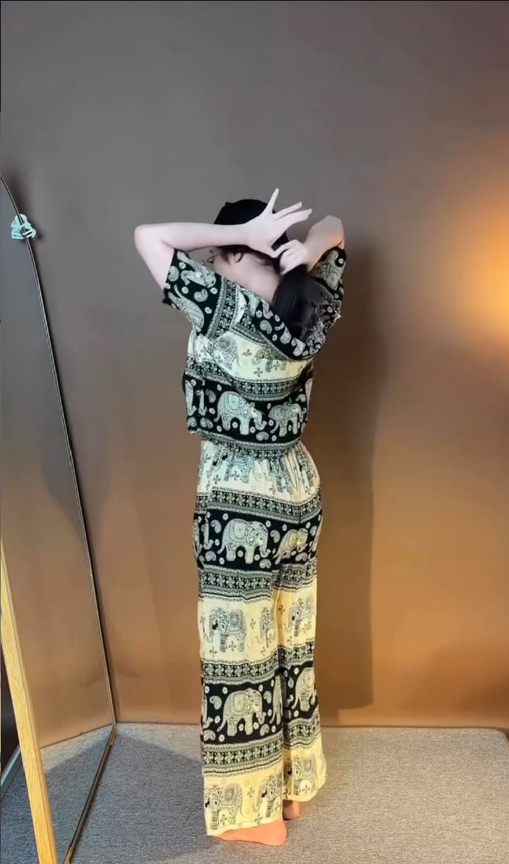 Trendy Elephant Print Rayon Co-ord Set – Casual Chic Ensemble