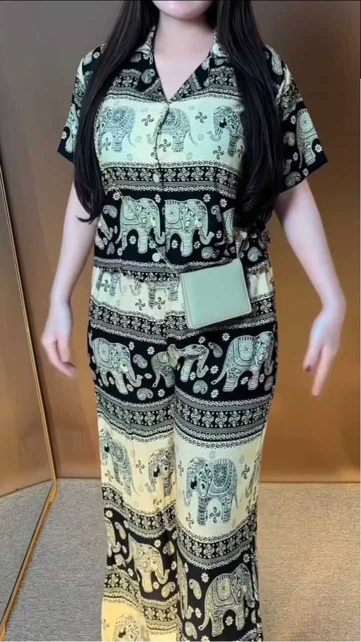Trendy Elephant Print Rayon Co-ord Set – Casual Chic Ensemble
