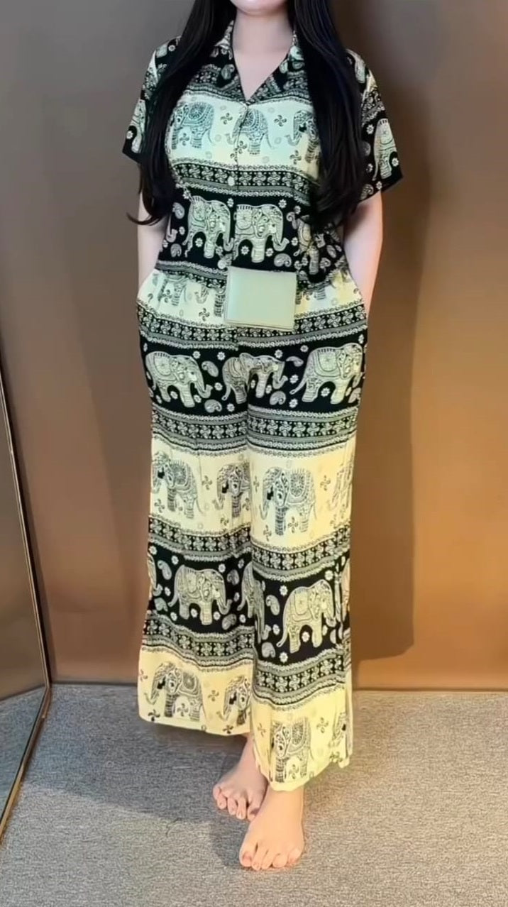 Trendy Elephant Print Rayon Co-ord Set – Casual Chic Ensemble