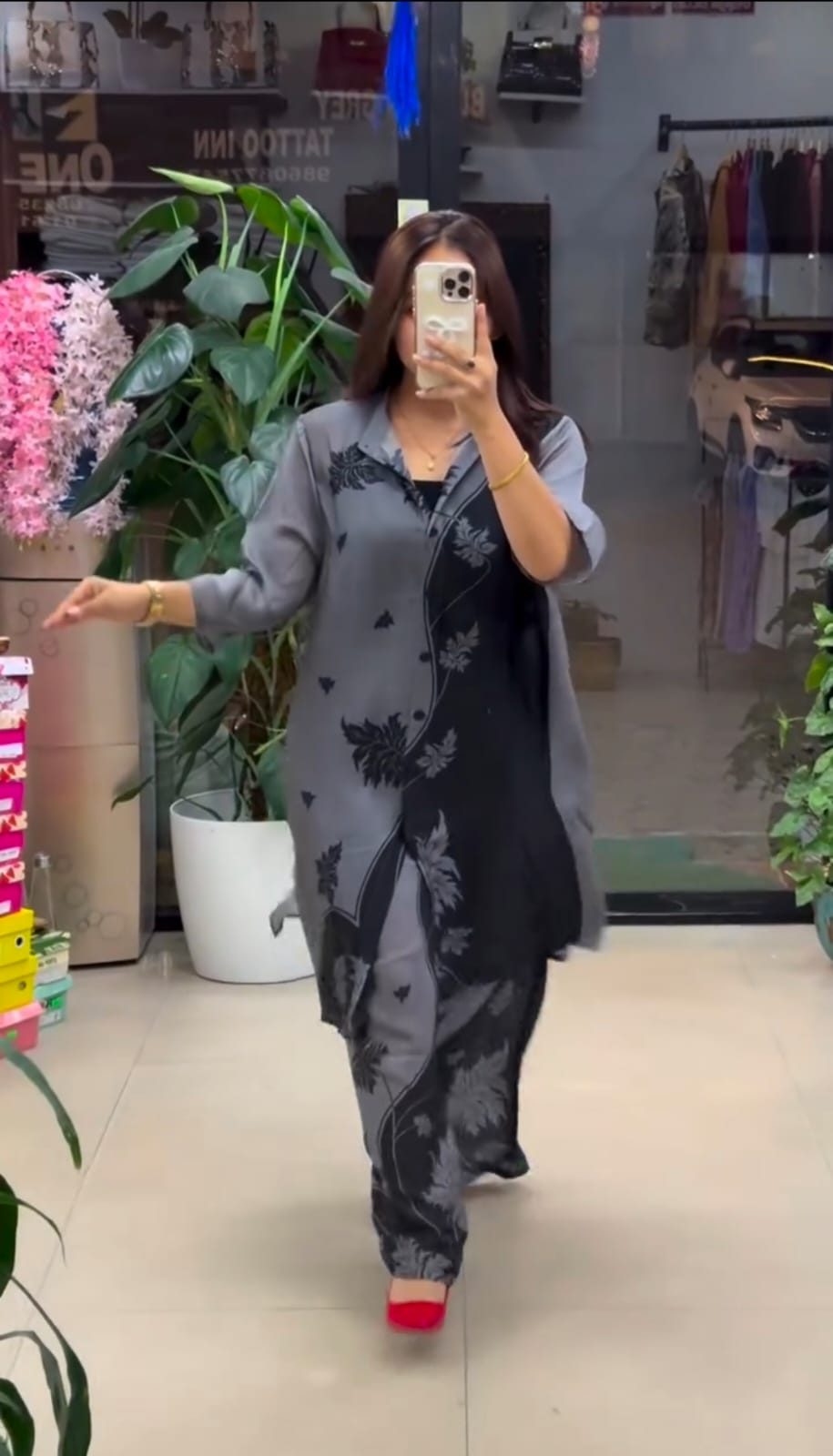 Grey & Black Half-and-Half Floral Georgette Co-ord Set
