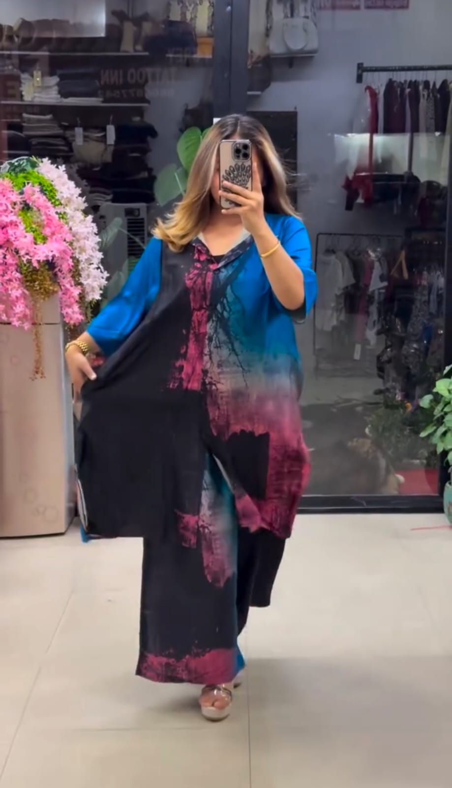 Vibrant Blue Abstract Print Georgette Co-ord Set