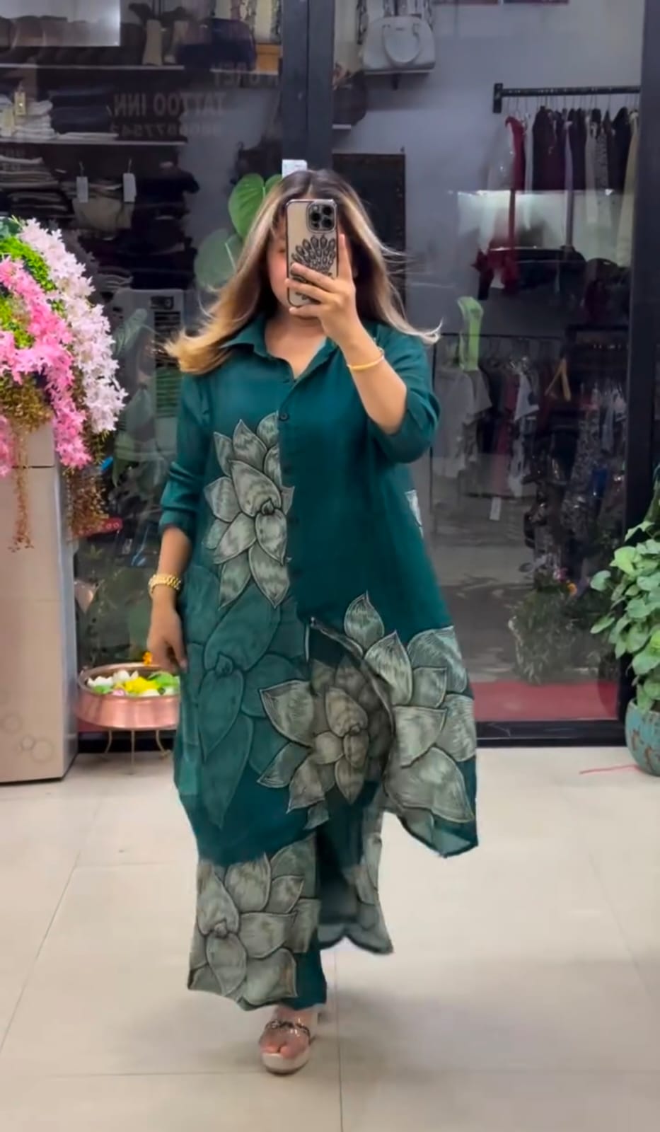 Emerald Botanical Print Georgette Longline Co-Ord Set