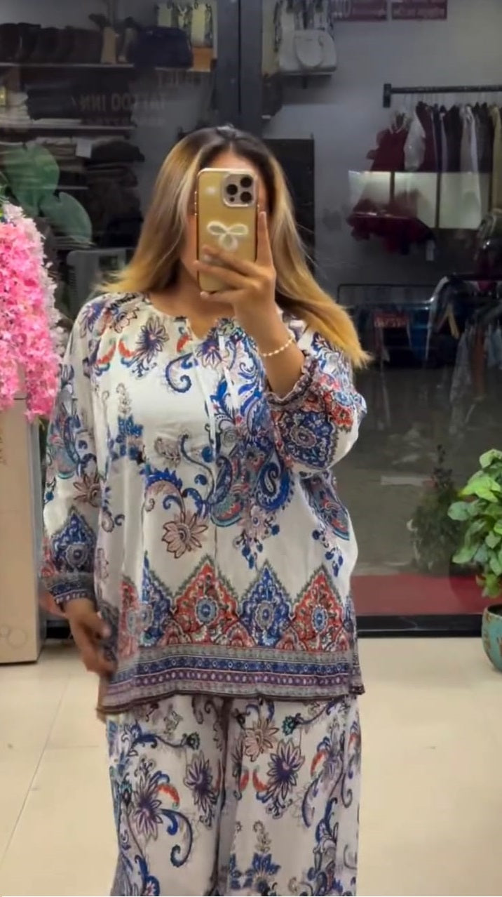 Women's Boho Print Pure Viscose Co-ord Set Blue | Fast Shipping