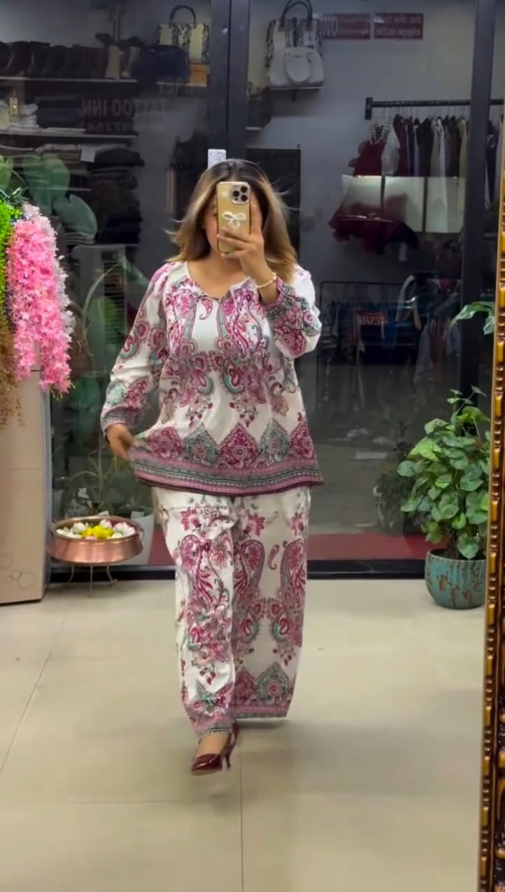 Women's Boho Print Pure Viscose Co-ord Set Pink | Fast Shipping
