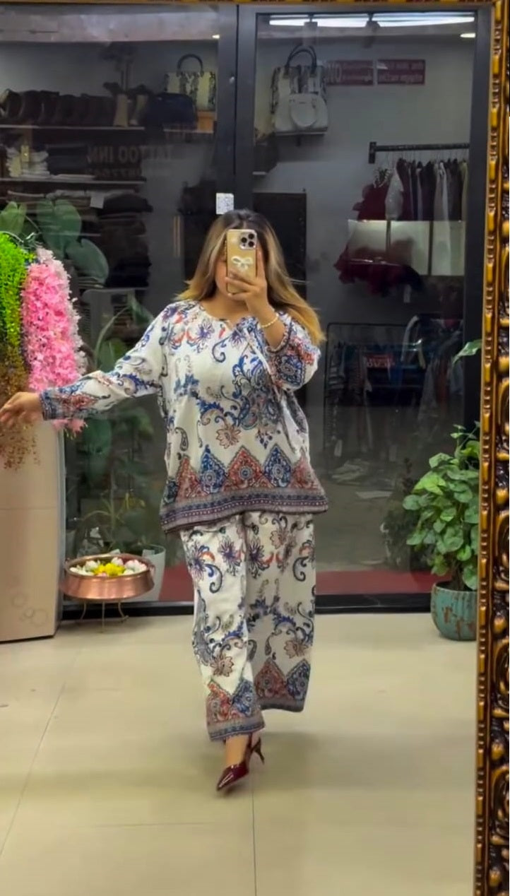 Women's Boho Print Pure Viscose Co-ord Set Blue | Fast Shipping
