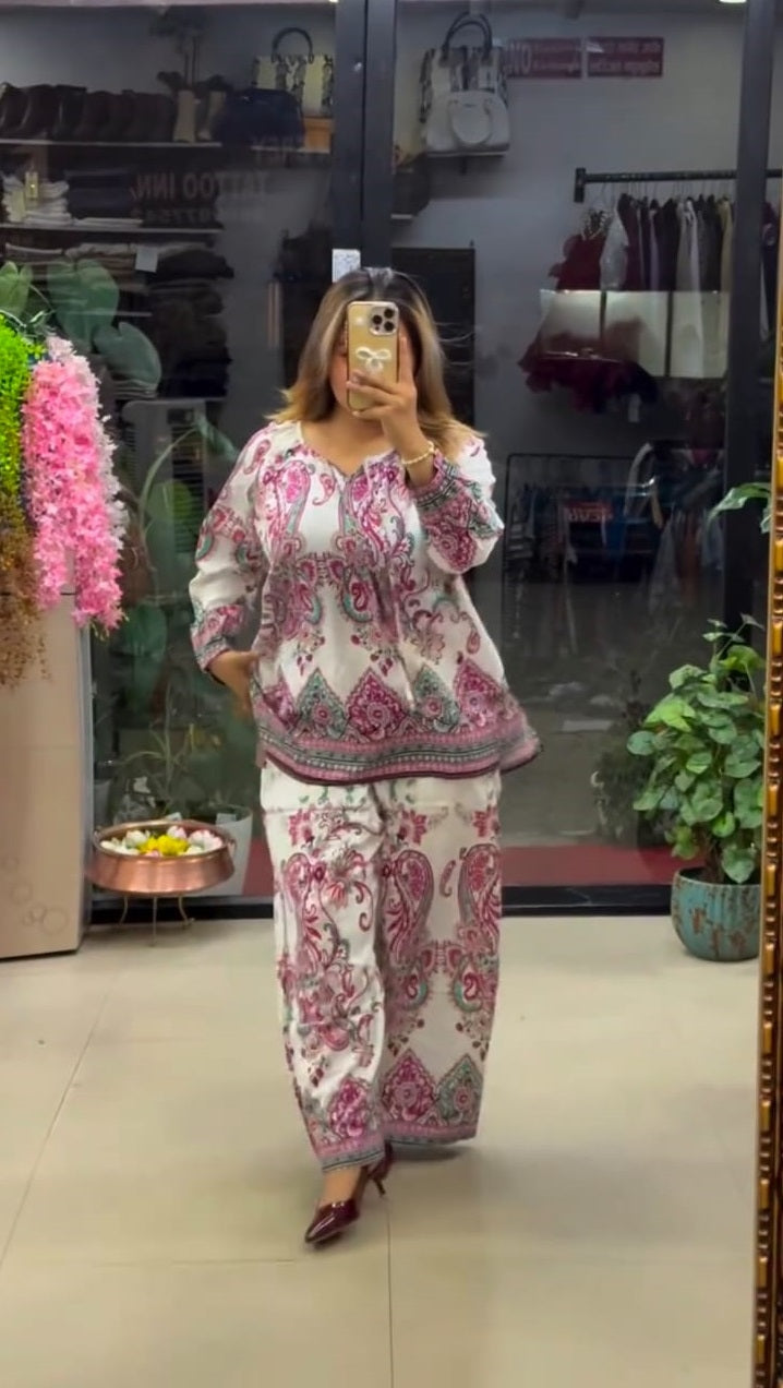 Women's Boho Print Pure Viscose Co-ord Set Pink | Fast Shipping