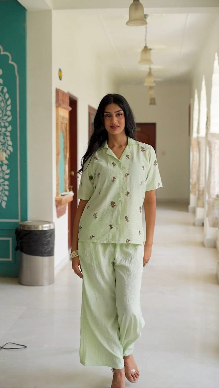 Premium Pista Green Embroidered Co-ord Set for Women | NV Fabric