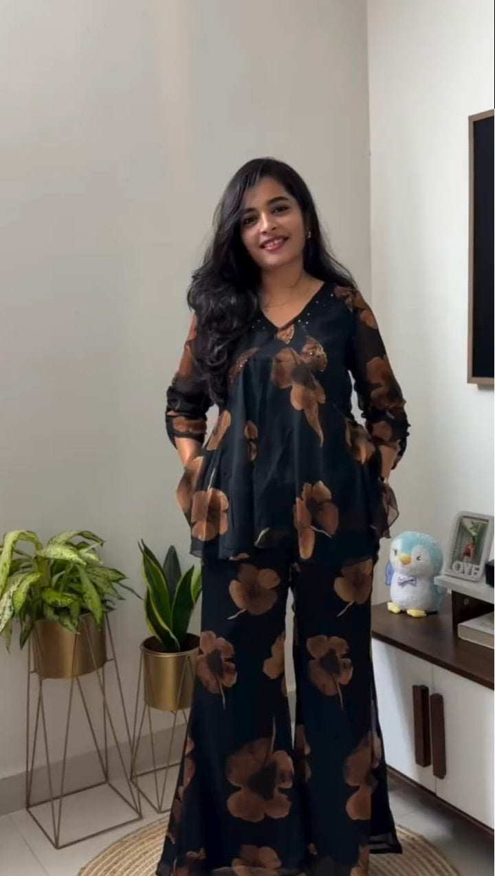 Elegant Floral Print Georgette Co-ord Set for Women - Black & Brown
