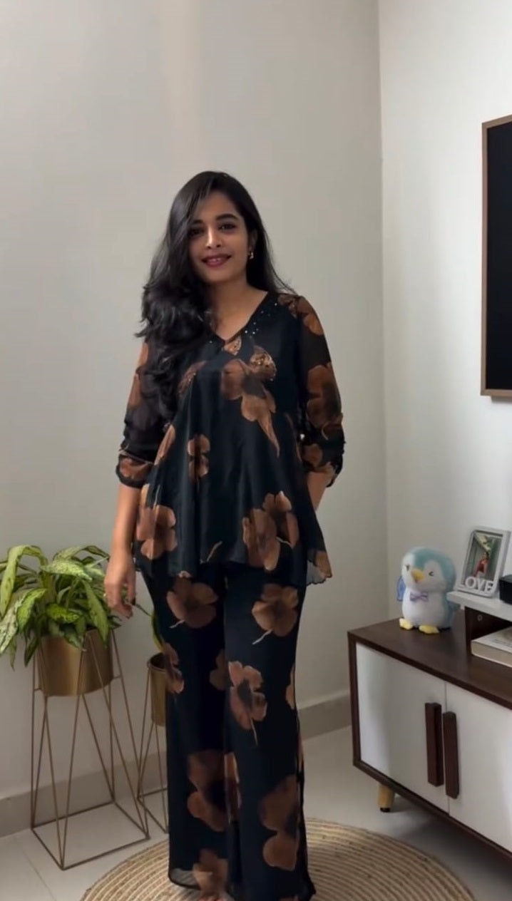 Elegant Floral Print Georgette Co-ord Set for Women - Black & Brown