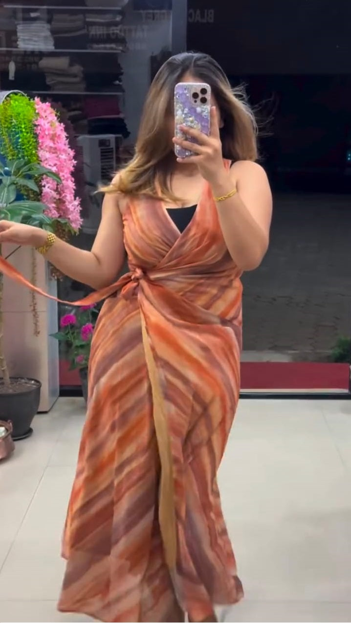 Sunset Oasis Georgette Wrap Maxi Dress - Rust Multi