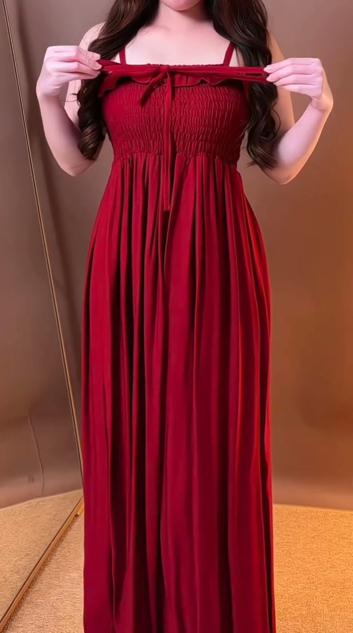 Elegant Maroon Smocked Maxi Dress | Pure Viscose