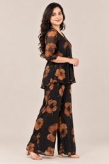 Elegant Floral Print Georgette Co-ord Set for Women - Black & Brown